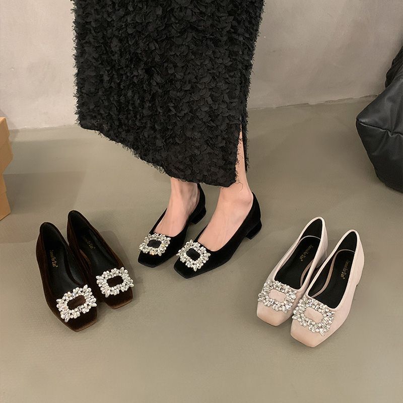 Comfortable black Mary Jane shoes with rhinestones square toe
