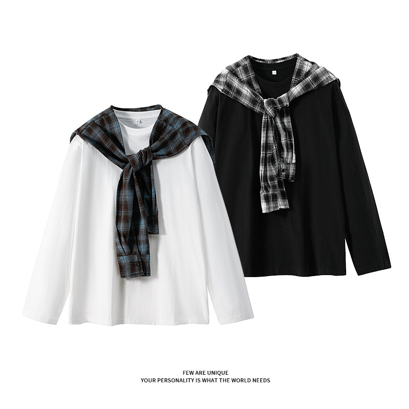 秋季美式格子披肩+长袖T恤5QZ1129-TP35不控价 高街痞帅男女上衣