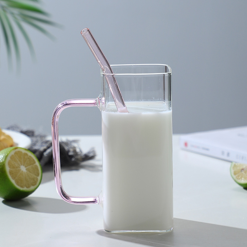 Taza de paja cuadrada de vidrio doméstico de alta apariencia de bambú taza de borosilicato transparente de una sola capa taza de jugo de mango de color