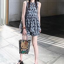 2025夏装新款名媛韩版复古黑灰印花套装无袖背心娃娃衫高腰短裤