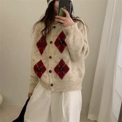 韩版复古刺绣花朵菱格毛衣外套女装2025年秋冬设计感针织开衫上衣
