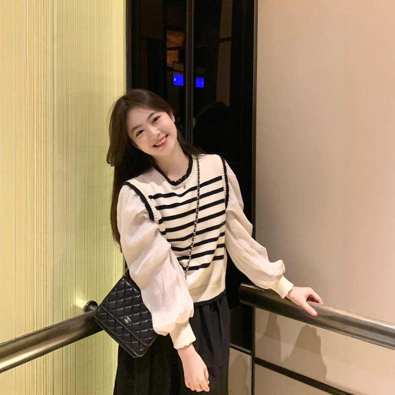 春款女装条纹针织毛衣女款2025新款春季穿搭气质针织衫假两件上衣|undefined