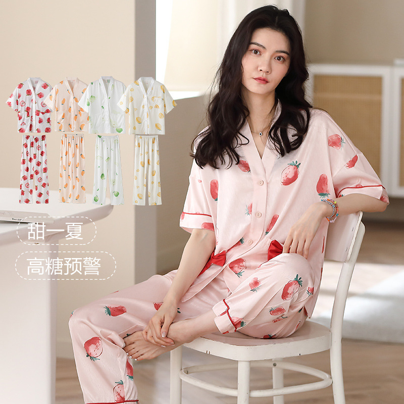 Summer Pajamas Ice Silk Women's Home Clothes Lightweight Breathable Short-Sleeved suit Home Clothes Summer Women's Outer-Wearing Pajamas