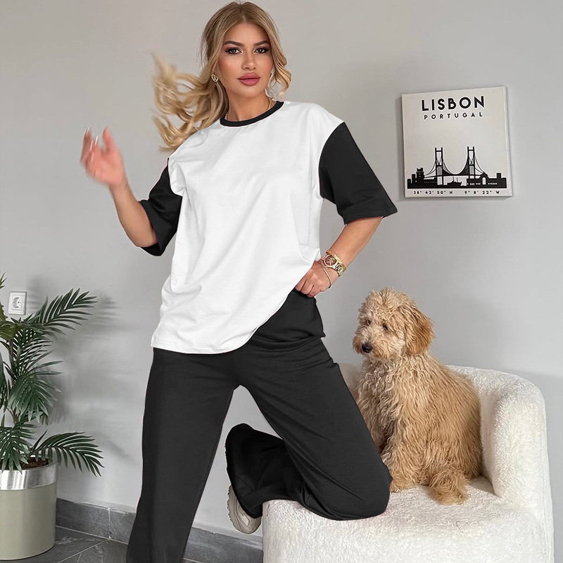 Summer Contrast Color round Neck Short Sleeved T shirt Women Casual Wide Leg Pants Two Piece Sets