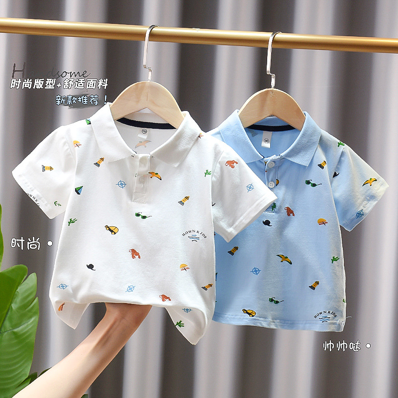 Boys' Short Sleeve T-Shirt 2022 Summer New Baby Little Sailboat Full Print Polo Shirt Short Sleeve Top Children's Collar