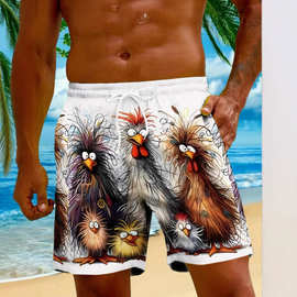 夏季跨境欧美2025新海边度假3D印花炸毛鸡运动沙滩裤五分短裤批发