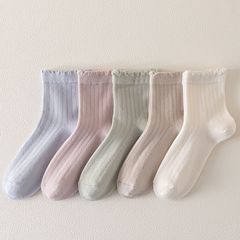 竹纤维袜子女月子袜宽口不勒吸汗透气抗菌防臭白色花边袜子中筒袜