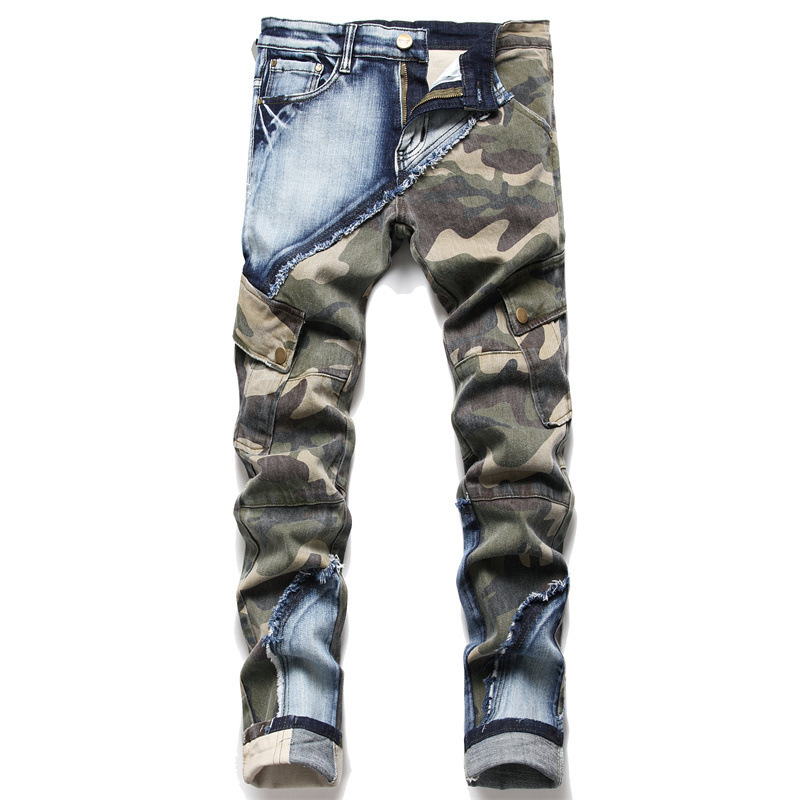 2023 new jeans men's wholesale slim-fit stretch camouflage stitching color matching men's skinny jeans fashion 3132