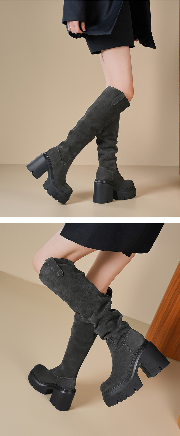 Boot nữ cổ cao ôm bắp chân chất liệu da lộn, gót 12 cm, phong cách kỵ sĩ — Lót nhung đen chi tiết 3