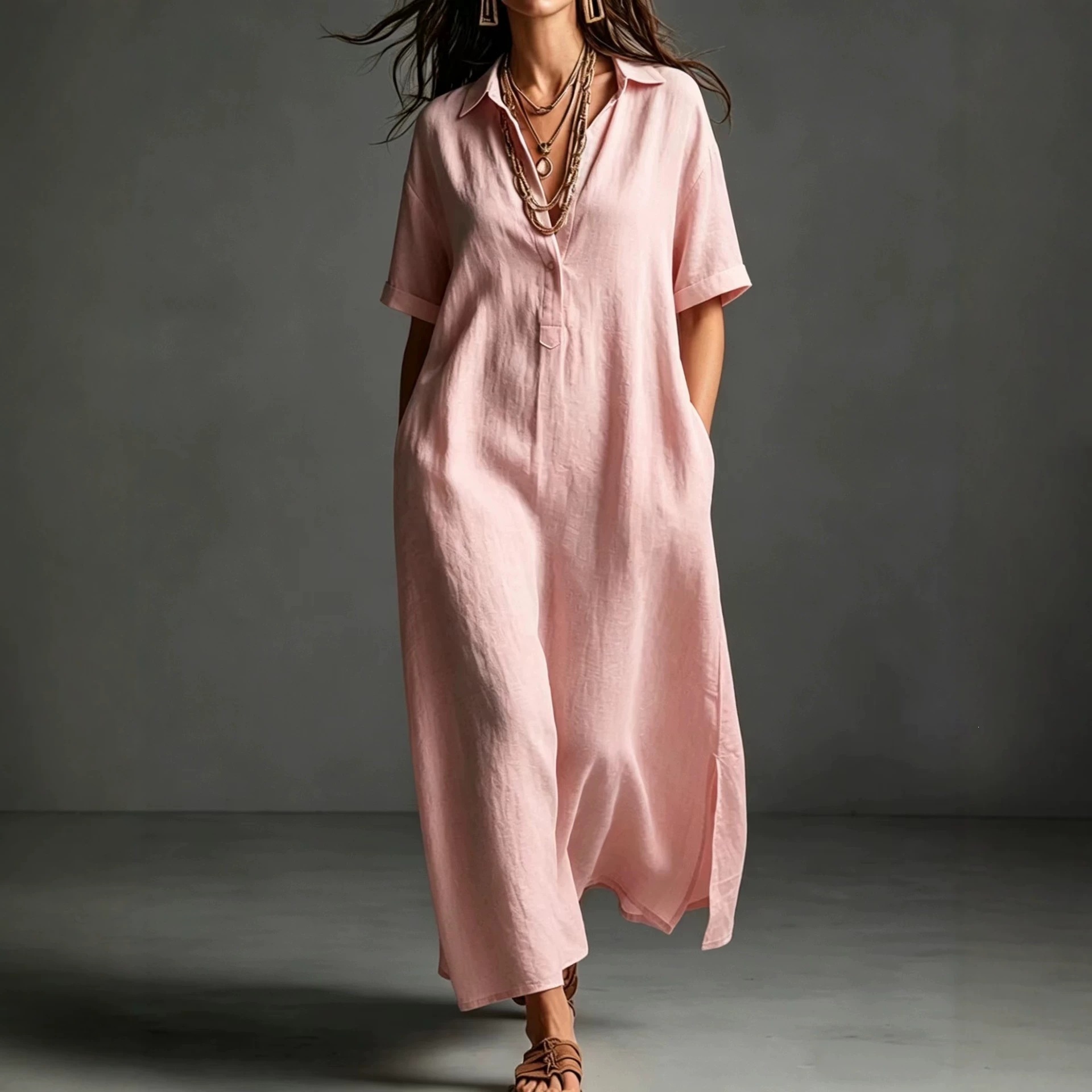 2026 Amazon European and American Cross-Border Women's Clothing Spring and Summer New Cotton and Linen Simple and Elegant Pure Color Short-Sleeved Lapel Dress