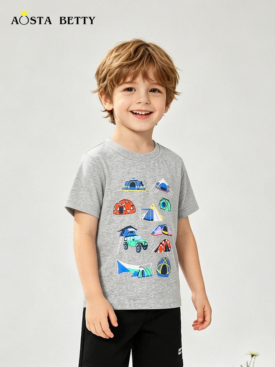 26 verano impresión de automóviles camiseta de niños camiseta de algodón de punto camiseta de cuello redondo para niños