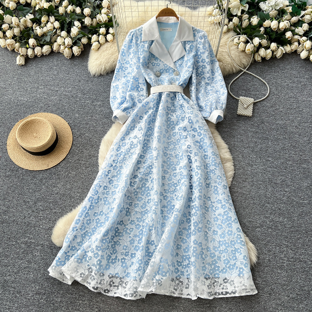 French Style Elegant V Neck Floral Dress, Korean Style, Long Sleeves, Lapel Collar, Fitted Waist, A Line Long Skirt, Sophisticated And Suitable For Commuting._ecoleips.com