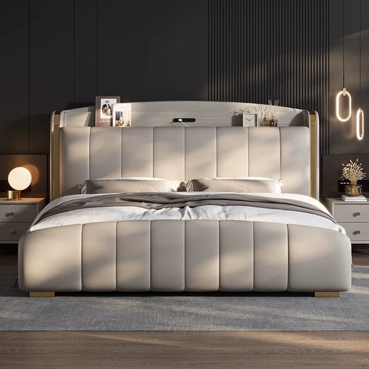 床头可置物真皮床轻奢意式家用极简2米主卧床婚床现代1.8米双人床