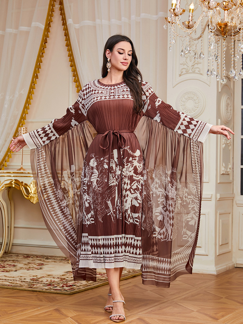 New Cross-border Pleated Printed Loose Bat-sleeve Heavy-duty Arabic Robe With Ties, Plus-size Elegant Dress For Women_ecoleips.com