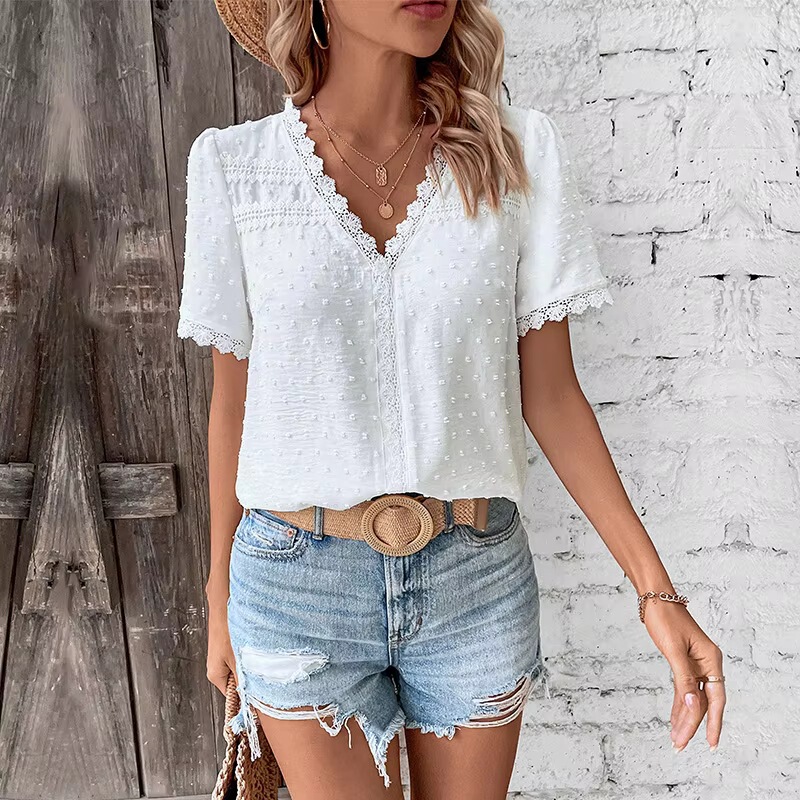 Summer casual vacation hot-selling cross-border European and American lace-decorated V-neck solid color shirt