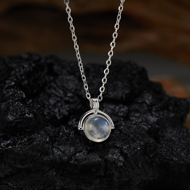 Women's Gender 925 Sterling Silver Moonstone Agate Geometric Pendant Necklace