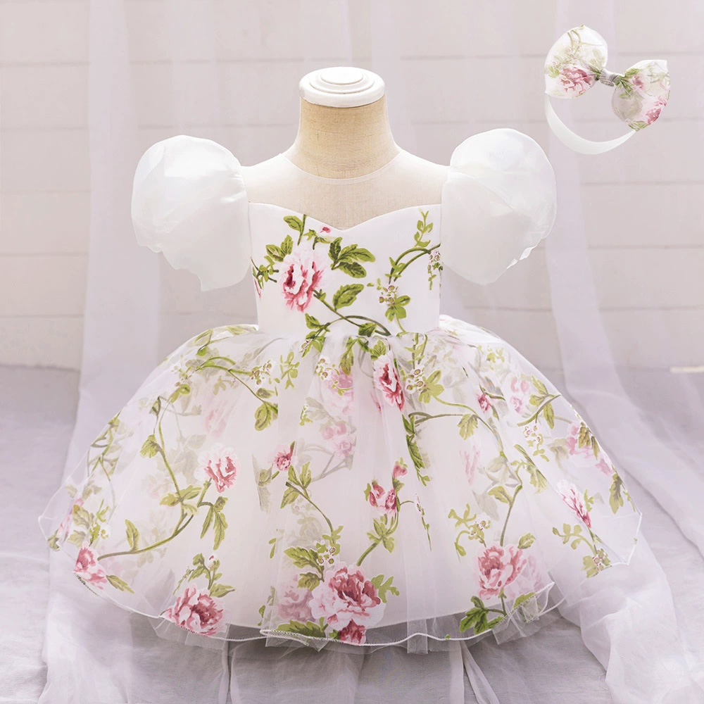 Трансграничная новая девушка платье принцессы сетчатая пряжа девушка платье день рождения платье цветочница юбка подарок принт с аксессуарами для волос