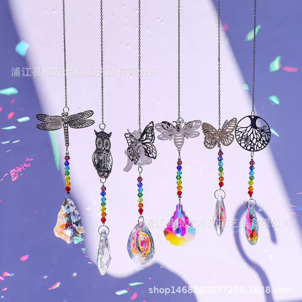 跨境专供七彩水晶风铃月亮蜻蜓蝴蝶生命树金属镂空挂件花园装饰品