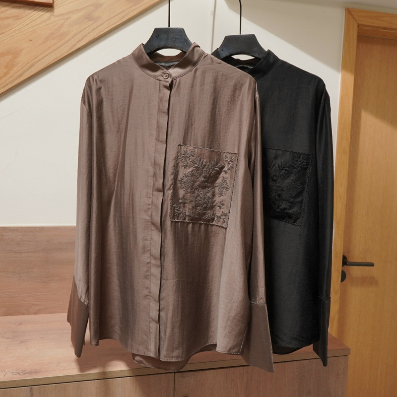 Original European and American fashion women's gray-brown embroidered shirt 4786/284, loose-fitting stand-up collar Lyocell Tencel shirt