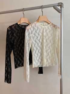 Niche New Women's Perspective Lace Shirt Hazy Artistic Natural Micro-slim Good-fit Round Neck