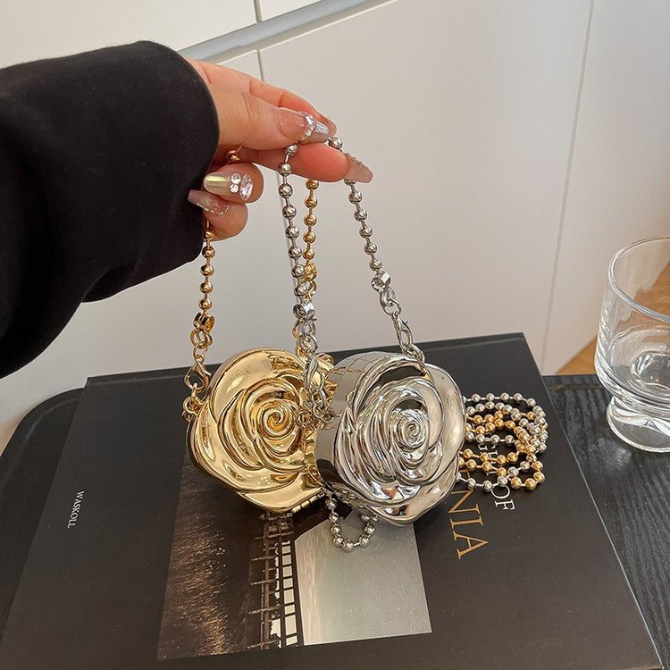 Cross-Border New Trendy 2025 Fashion Camellia Metal Bag Hand-Held Dinner Bag Coin Lipstick Crossbody Box Bag