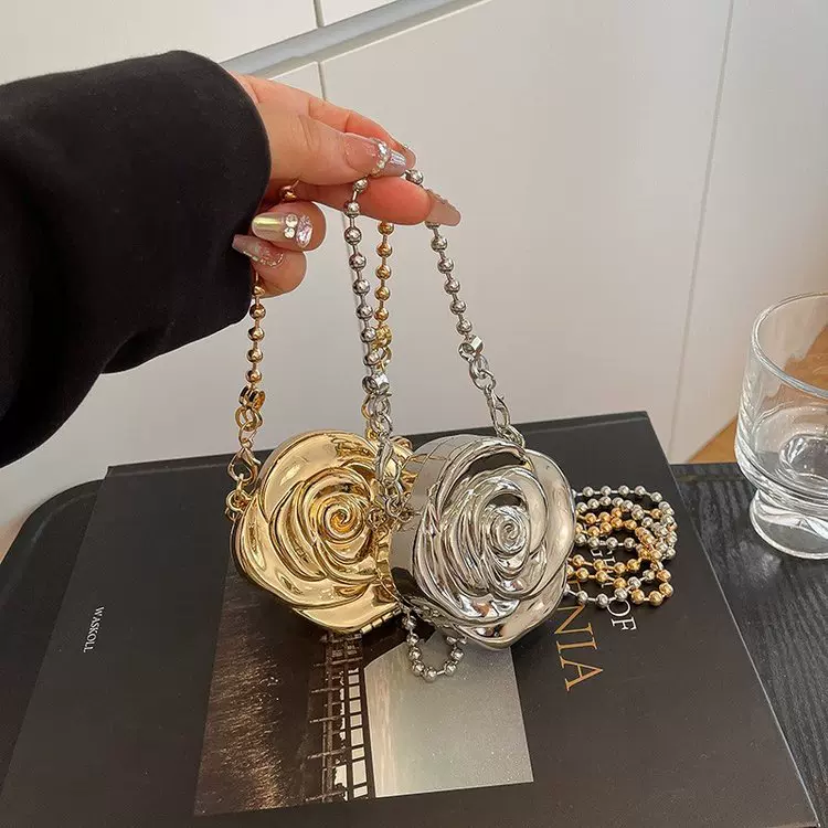 跨境新款潮流2025时尚山茶花金属包手提晚宴包零钱口红斜挎盒子包