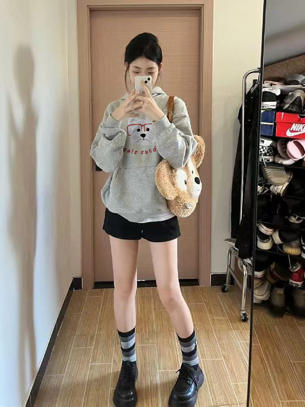 浅灰色卫衣女2025秋新款重磅棉银狐绒连帽衫美式宽松|undefined