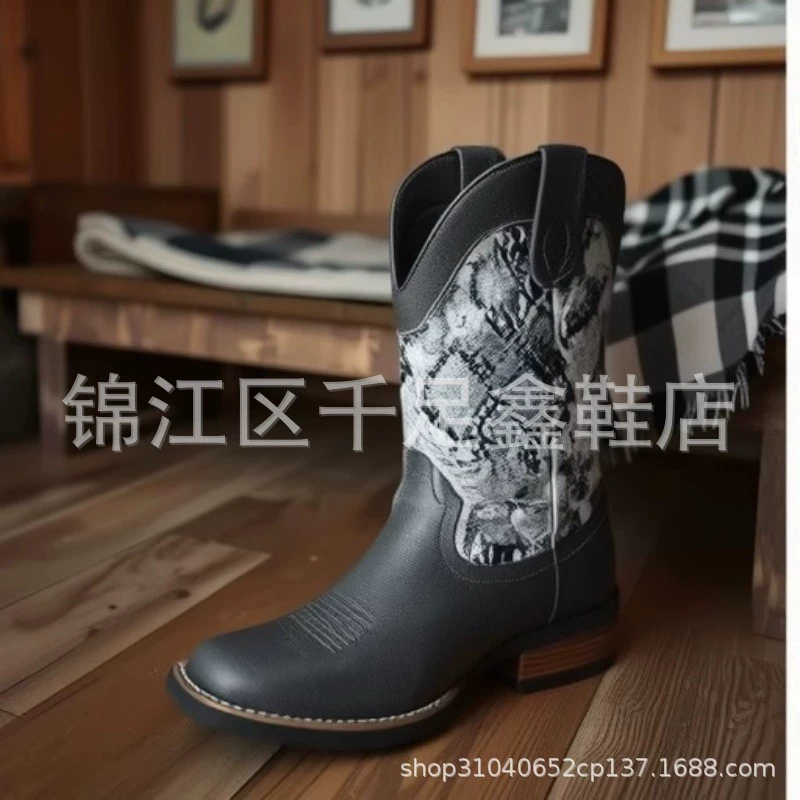 Внешняя торговля новые узоры змеи, сшитые короткие сапоги, мужские сапоги рыцарей, дикие ретро-трендовые кожаные сапоги