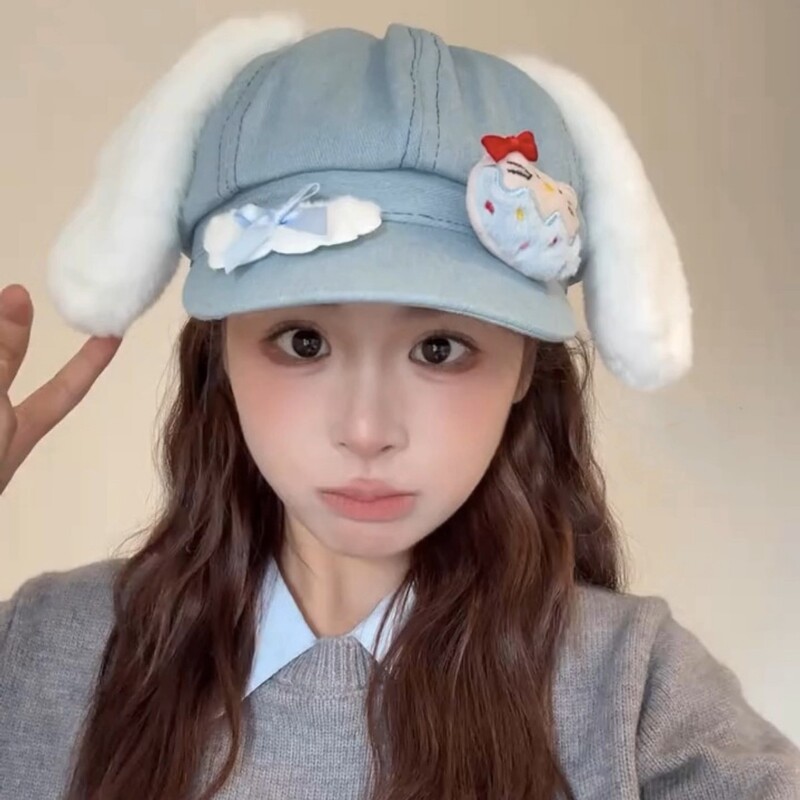甜美可爱小猫毛绒耳朵百搭云朵八角帽子女贝雷帽显脸小画家帽秋冬|undefined