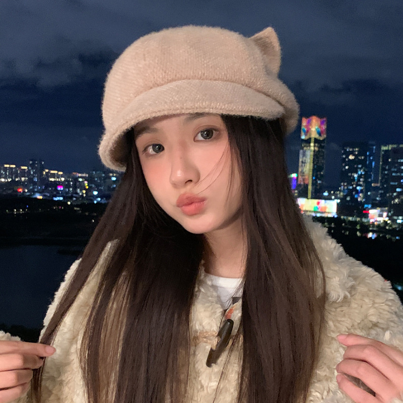 新款韩版秋冬帽子女款鸭舌八角帽猫耳朵防风保暖显脸小百搭大帽檐|undefined