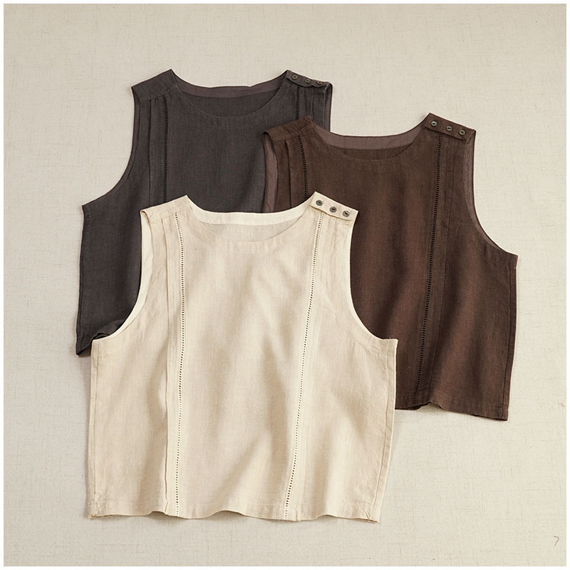 쌓인 Waistcoat 일본식 간단한 느슨한 라운드 넥 오픈 버클 모리 스타일 할로우 텐셀 라미 조끼 민소매 조끼