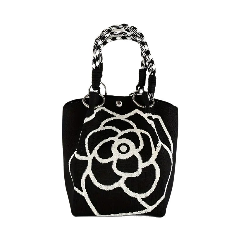 Japanese and Korean New Camellia Flower Knitted Handbag Large Capacity Bucket Bag Casual Versatile Commuter Portable Handbag