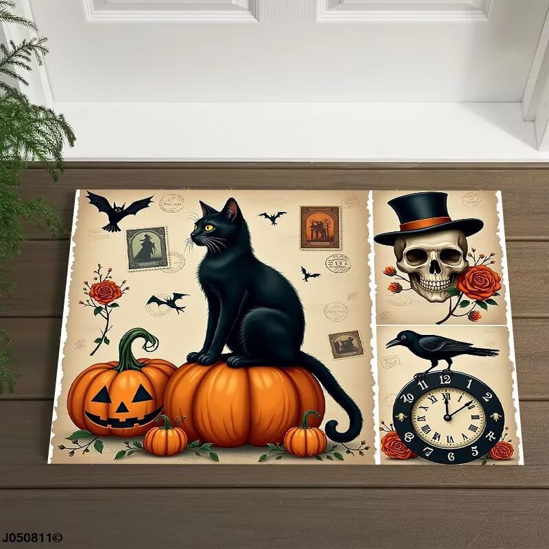 カスタマイズ可能な国境を越えたハロウィーンマット吸水滑り止めドアに入る秋のカボチャマットハロウィーンカーペット|undefined