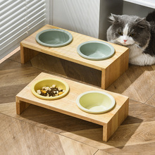 猫碗陶碗橡木架子保护颈椎猫食盆猫粮饮水防打翻防黑下巴猫狗用品