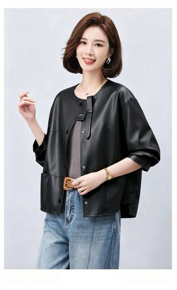 Áo khoác da nữ dáng ngắn ôm vừa, cổ lập, tay dài, phong cách thanh lịch — Cam Hermès, đen chi tiết 20