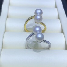 时尚简单双珠戒指 diy珍珠银配件托 通体S925银戒指珍珠空托