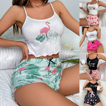 跨境多色印花牛奶丝休闲家居服女短裤吊带性感睡衣两件套pajamas