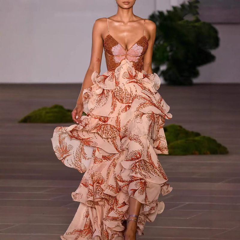 2025 Cross-Border Women's Clothing Ebay Aliexpress Amazon Summer Fashion Multi-Layered Ruffled Butterfly Dress Long Skirt