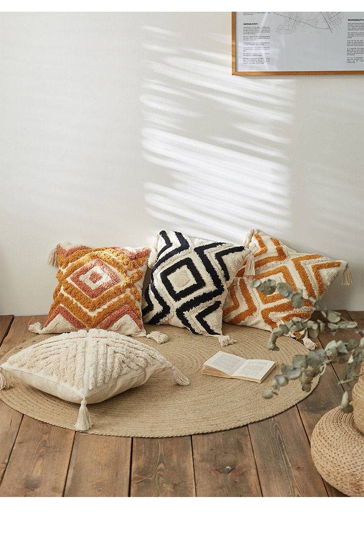 跨境专供摩洛哥民族风簇绒几何刺绣流苏波西米亚抱枕套靠垫亚马逊