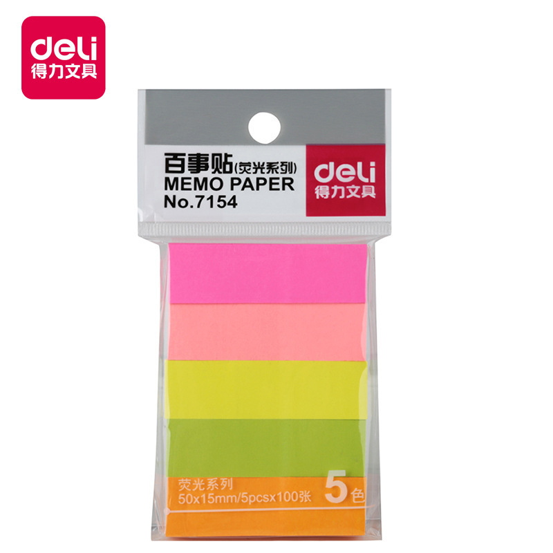 Deli 7154 fluorescent sticky notes colorful square strip index stickers classification label stickers 5 colors n times stickers for office use