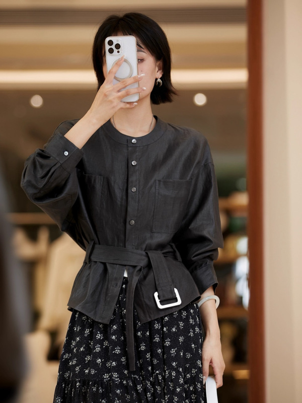 法式通勤『梧桐雨细』苎麻外套女_圆领长袖收腰短款上衣秋季新款|undefined