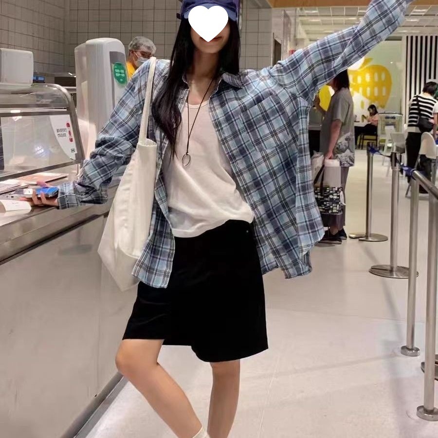 韩版复古格子长袖蓝色衬衫外套美式新款宽松休闲百搭学生情侣衬衣