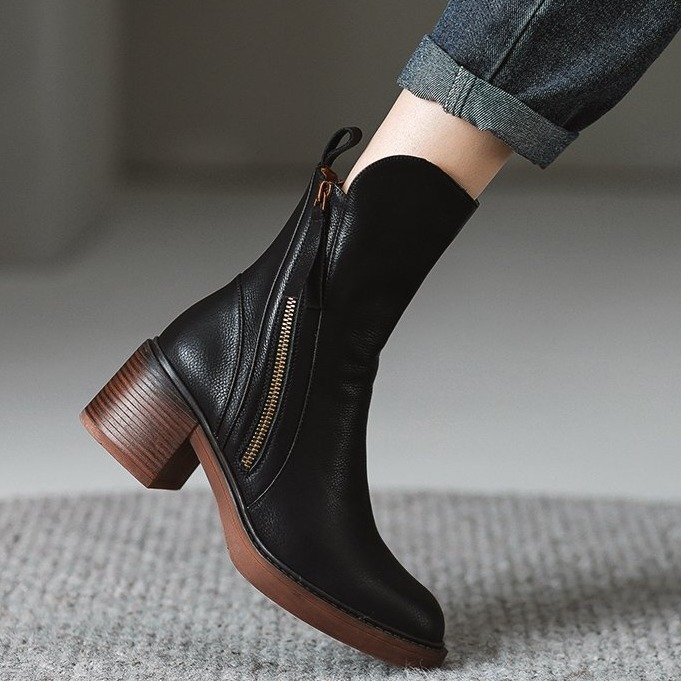 Cross-Border Retro Style Mid-Calf Side Zipper Boots Autumn and Winter New European and American Thick Heel Fashion Trendy Fashion Women's Boots 42