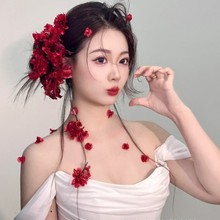 新中式酒红色干花花朵流苏Diy女超仙仿真头花头饰氛围感新娘头饰