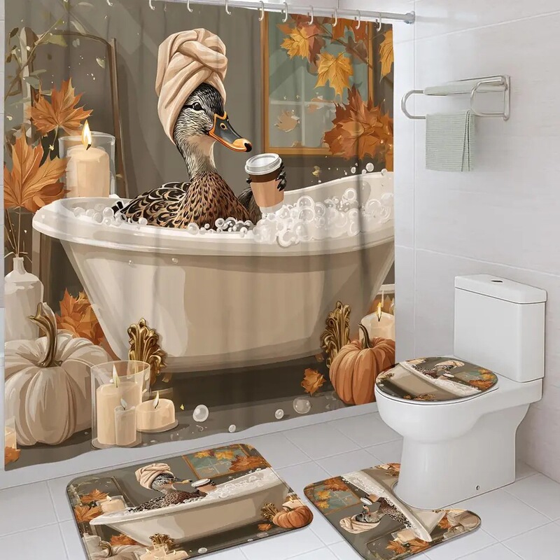 Cross-Border Bathroom Four-Piece Set: Autumn Maple Leaf Duck Bath Funny and Quirky Shower Curtain, Floor Mat, Toilet Seat Cover Bathroom Set