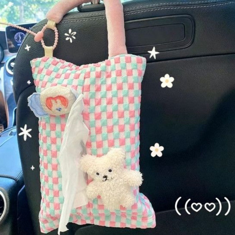 Car tissue box with cream decoration and little white bear design, car tissue holder for seat back, creative hanging tissue storage box