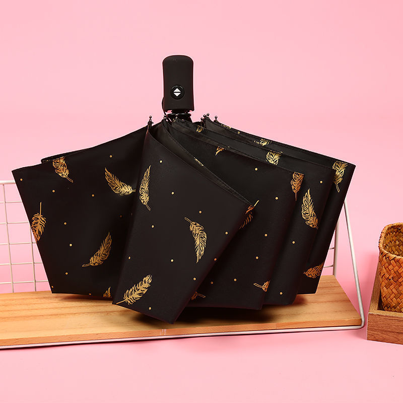 热销创意烫金伞晴雨两用三折伞防晒遮雨羽毛图案小清新印刷广告伞