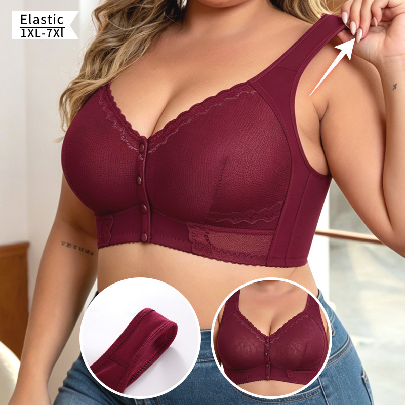 1Xl-7Xl Front-Clasp Bra, Cross-Border European and American Sizes, Wireless Vest-Style Sexy Lace Design, Extra-Large Size Lingerie