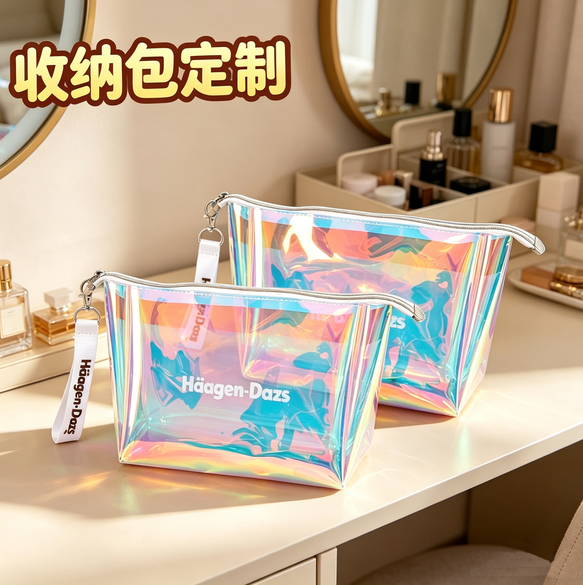 Customized laser film makeup bag, transparent waterproof portable storage bag, hand-held colorful high-end storage bag