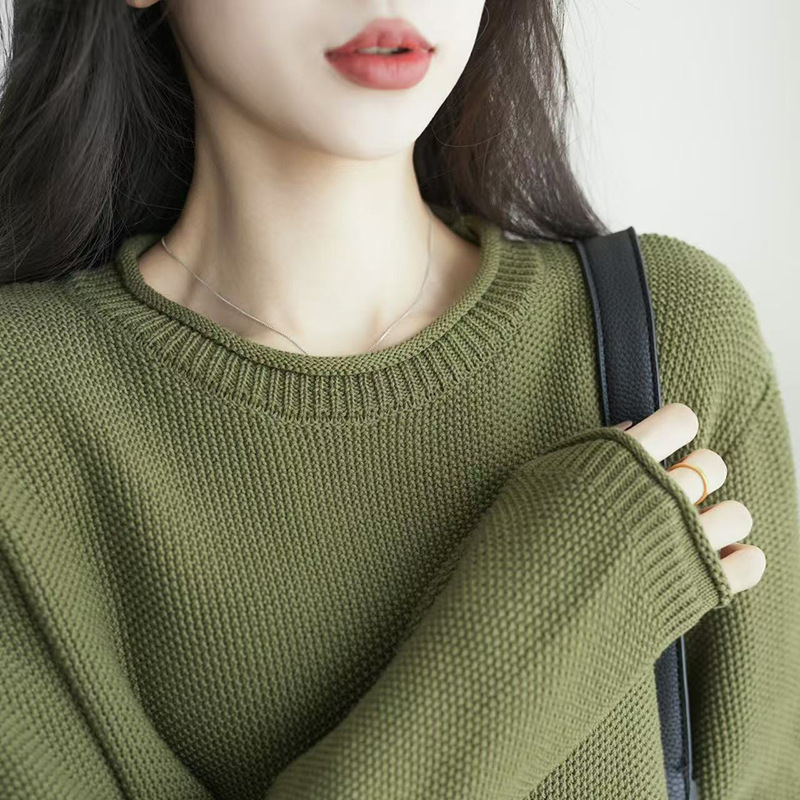 Delicate and Skin-Friendly Pure Cotton Knitted Sweater for Women, New Spring and Autumn Style, Trendy Loose Plus-Size Base Shirt